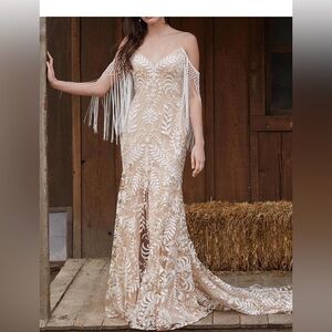 Boho sweet heart mermaid lace bridal gown with fringe wedding dress